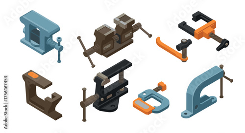 Isometric tool clamps collection: detailed 3d hardware designs for workshops