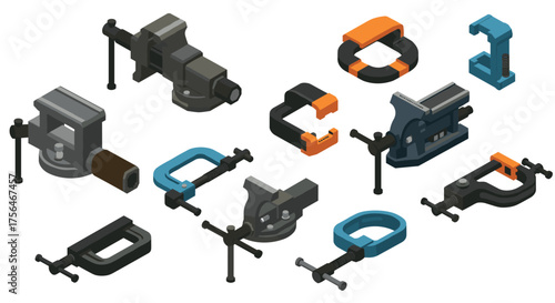 Isometric workshop clamps collection: diverse tools and equipment for every p…