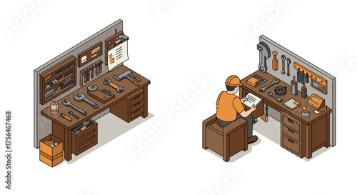 Isometric workshop setup with carpenter at workbench in detailed tool room