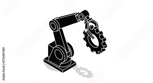 Industrial robot arm holding a cogwheel, symbolizing automation and manufacturing.
