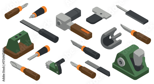 Isometric workshop tools set: hammers, knives, files, and more for diy projects