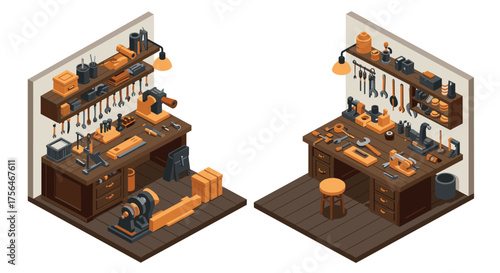 Isometric workshop interior with tools and workbenches in wood and orange acc…