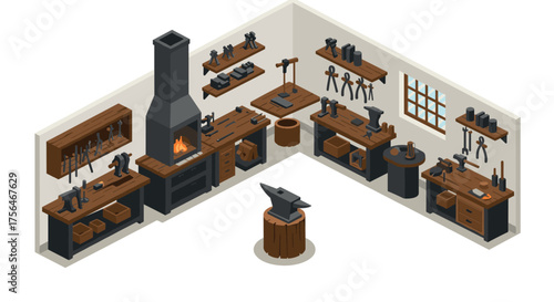 Isometric blacksmith workshop with tools and forge in rustic setting