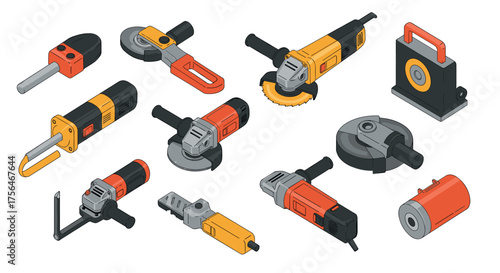 Isometric power tools collection: drill, grinder, sander, construction equipm…