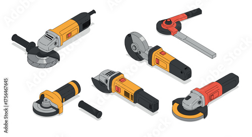 Modern isometric power tools set with angle grinders and cutters in 3d design