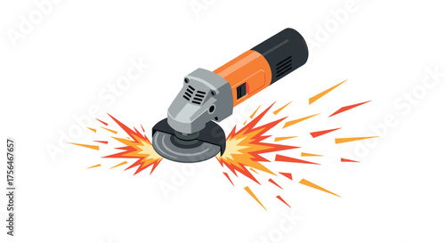 Isometric angle grinder sparking in action with colorful explosions and dynam…