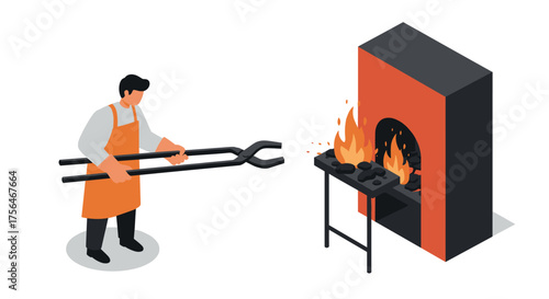 Blacksmith forging metal in isometric workshop scene