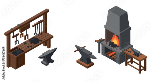 Isometric blacksmith workshop with anvil and forge tools in a rustic setting