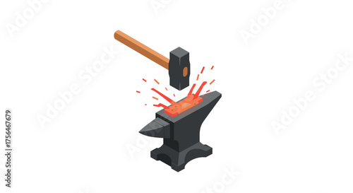 Isometric blacksmith hammering hot metal on anvil with sparks