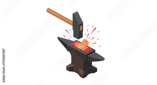 Isometric blacksmith hammering anvil with sparks in action