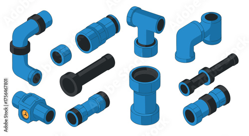 Isometric blue and black plumbing pipe connectors set on white background