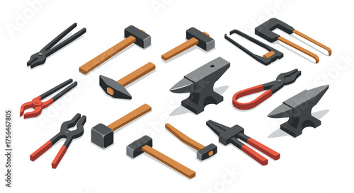 Industrial workshop tools collection in modern isometric design