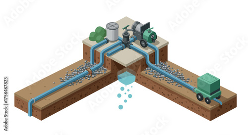 Isometric underground pipe system with water pump and equipment