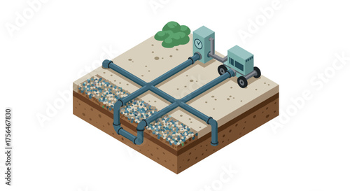Isometric geothermal energy system with underground pipes and power station