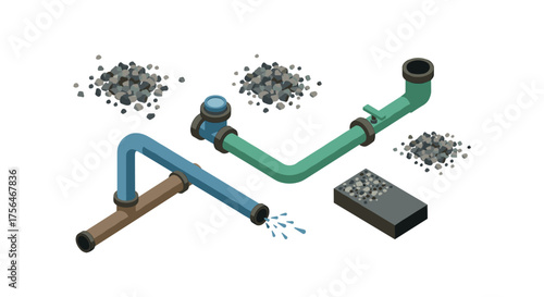 Isometric water pipe system with leakage and gravel piles