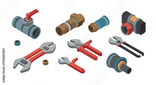 Isometric plumbing tools and fittings set for construction projects