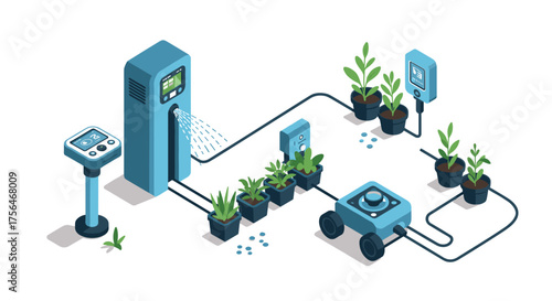 Isometric smart gardening technology with automated robots and control systems