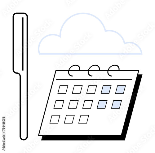 Calendar with highlighted days, black pen, and cloud above. Ideal for planning, scheduling, productivity, time management, appointments, reminders organization simple flat metaphor