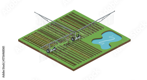 Isometric farming with irrigation system on farmland with pond