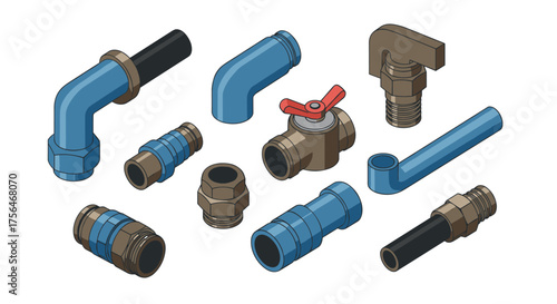 Industrial plumbing set with detailed isometric pipe fittings and components