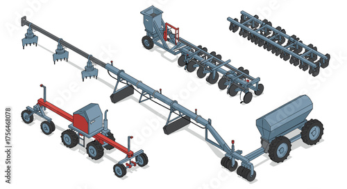 Isometric agricultural machinery set with modern farm equipment illustrations
