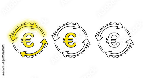 Vector illustration of three circular icons with euro symbols and rotating arrows, isolated on a