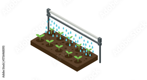 Isometric sprinkler irrigation system with young seedlings for efficient farming