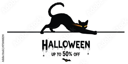 Black cat stretching over halloween sale announcement