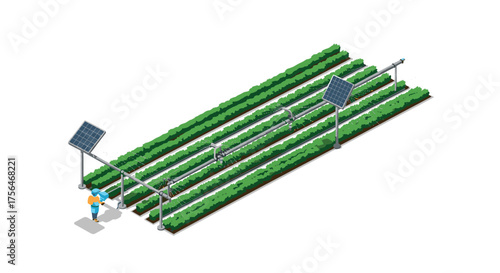 Isometric smart farm with solar panels and irrigation technology