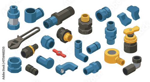 Isometric plumbing fittings and tools collection in various colors