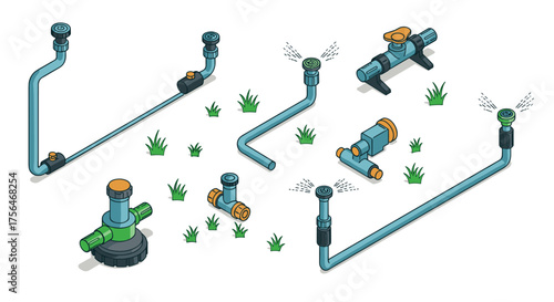 Isometric lawn sprinkler system with grass elements for garden irrigation