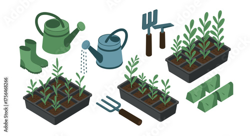 Isometric garden tools and seedlings: watering cans, soil trays, and green boots