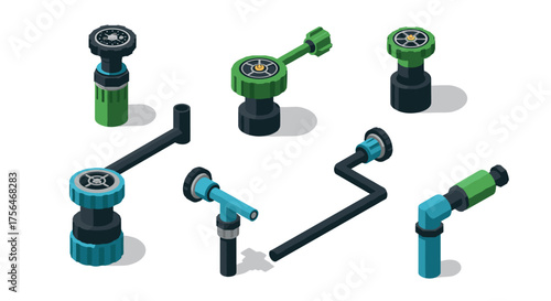 Isometric industrial pipe valves set with colorful mechanical components
