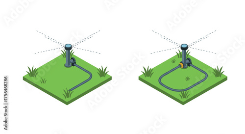 Isometric garden sprinkler systems on grass plots for efficient lawn irrigati…