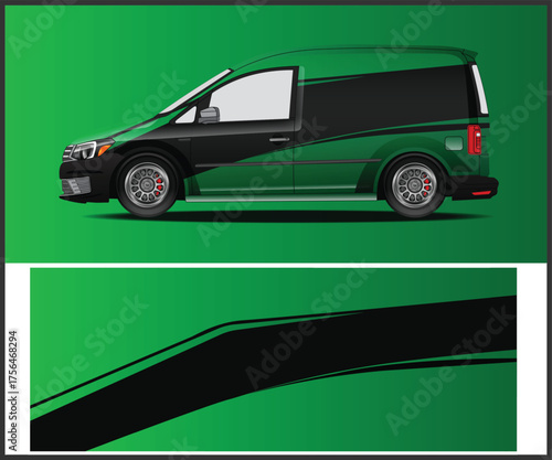 Modern green and black cargo van with abstract graphic design on a green background