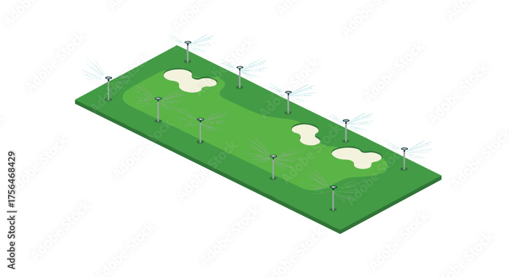 Fototapeta premium Isometric green lawn with sprinklers and sand pits