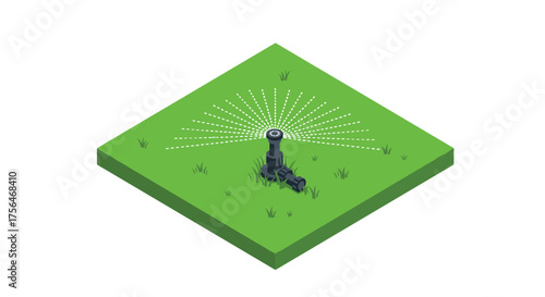 Isometric garden sprinkler on grass patch with water spray design