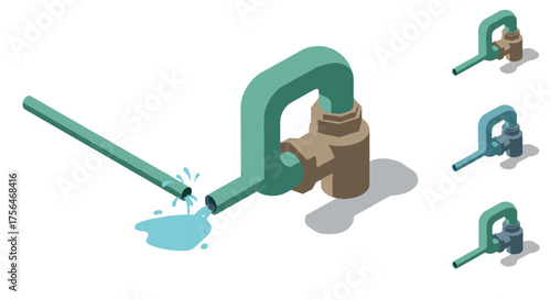 Isometric pipe with water leak and three color variations on white background