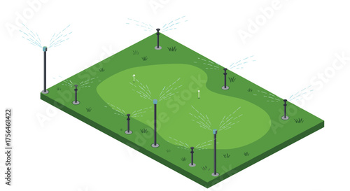 Isometric golf course with active sprinkler system and lush green turf