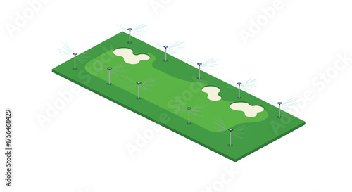 Isometric green lawn with sprinklers and sand pits