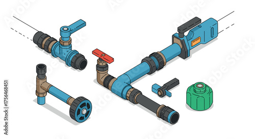 Isometric plumbing components with valves and connectors on white background