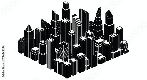 Modern cityscape illustration with diverse geometric skyscrapers in monochrome.