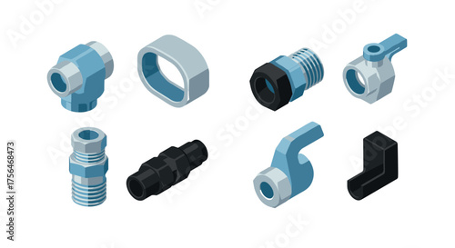 Isometric industrial pipe fittings in blue and grey design for engineering pr…