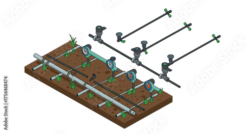 Modern isometric garden irrigation system with pipes and sprinklers