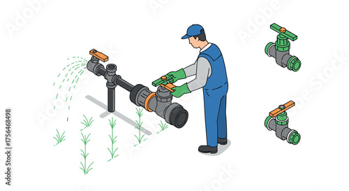 Isometric worker adjusting industrial pipeline valve on irrigation system