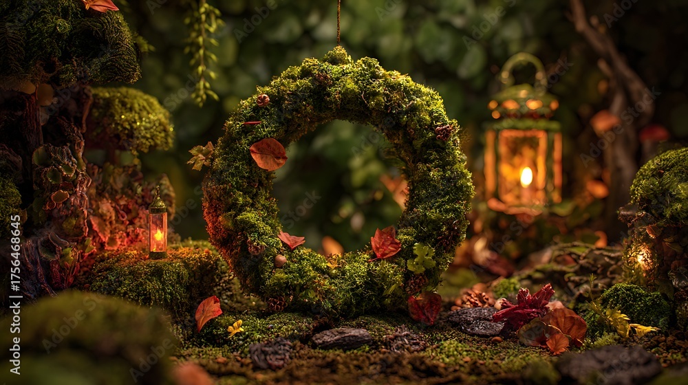 Obraz premium Enchanted forest scene with moss wreath and glowing lantern in the background