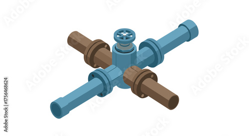 Isometric pipe junction with valve in industrial design