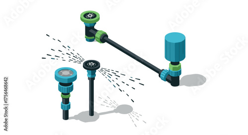 Isometric garden irrigation system with sprinklers and pipes on white background