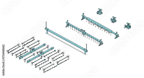 Isometric irrigation system blueprint with drip lines and valves