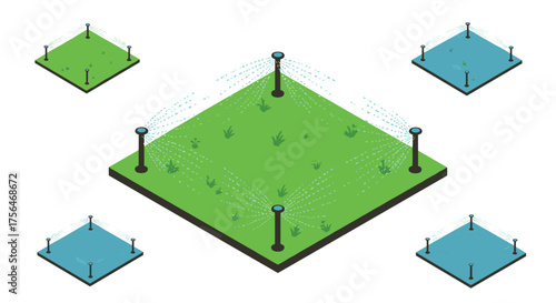 Isometric garden irrigation system with sprinklers on green lawn